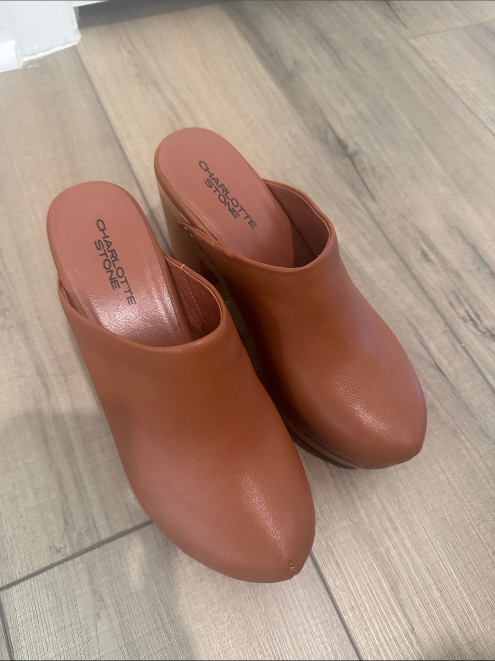 Charlotte Stone Cognac Leather Slip-On Mule Heels